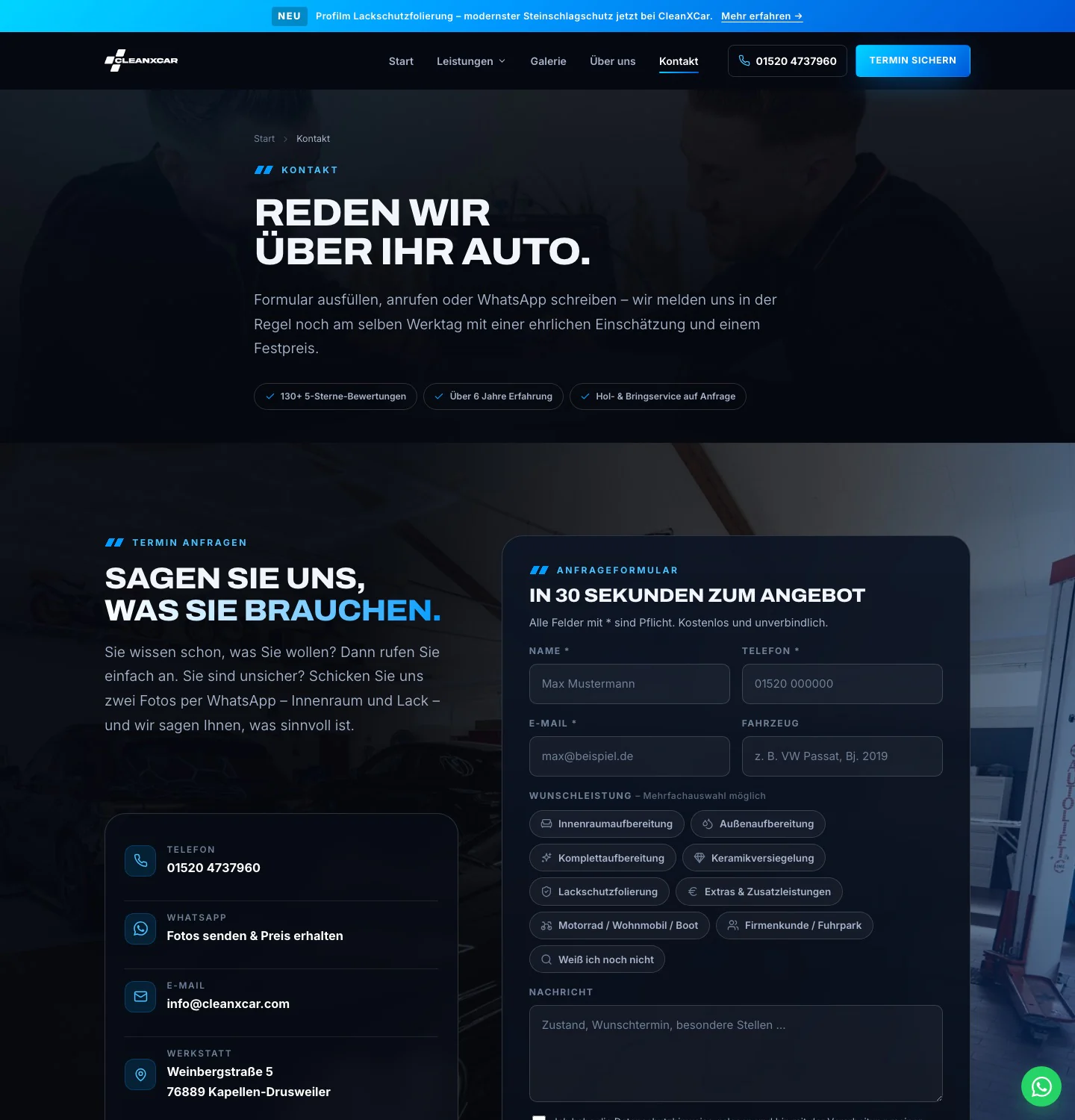 Kontaktseite von CleanXCar mit Anfrageformular und Mehrfachauswahl der Leistungen