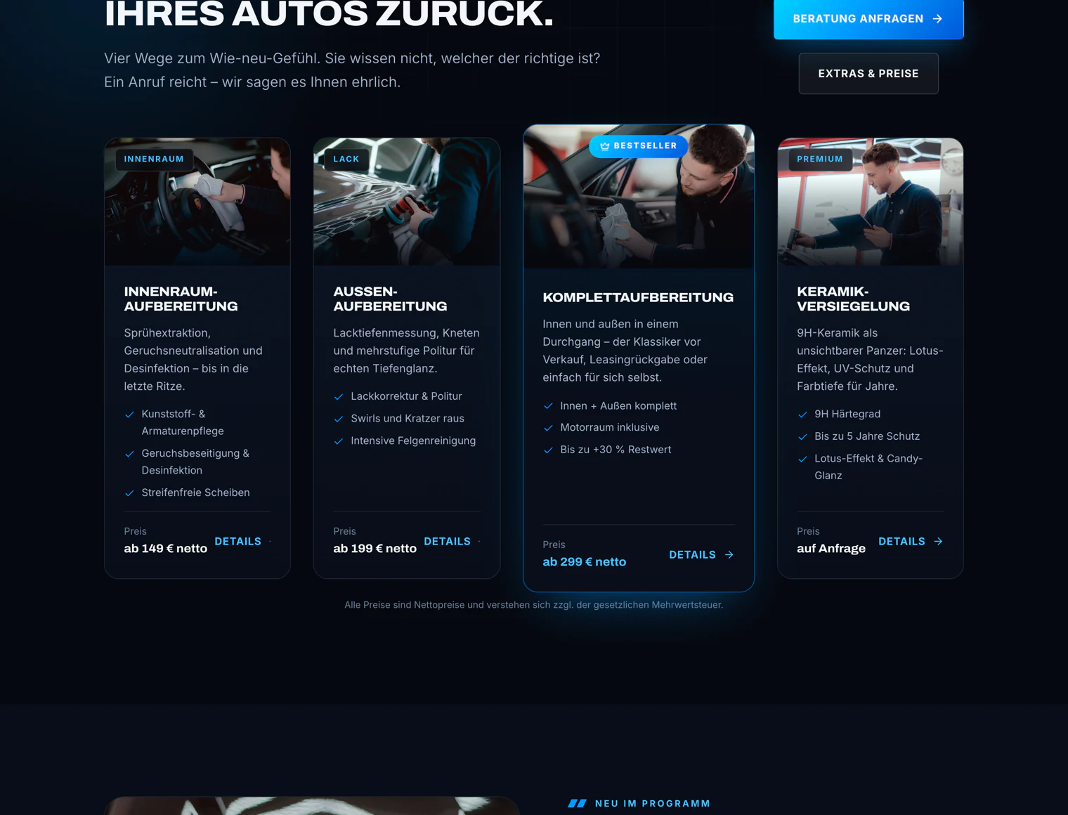 Leistungskarten der neuen Seite: vier Karten mit Bild, Kurzbeschreibung, Stichpunkten und Preisangabe