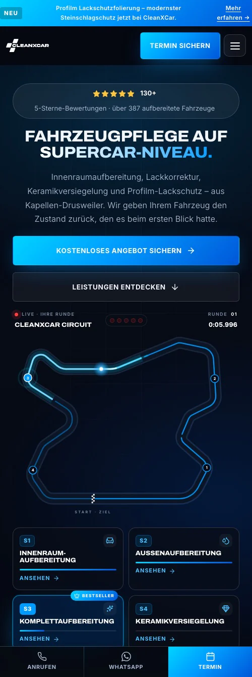 Handyansicht der neuen Seite mit der festen Leiste Anrufen, WhatsApp und Termin am unteren Rand