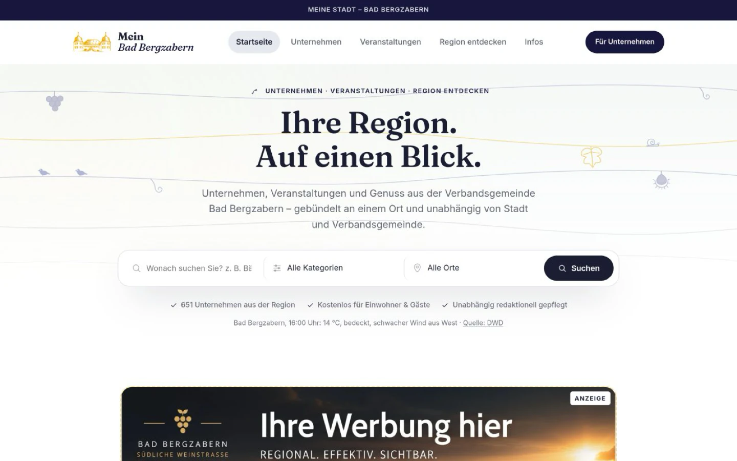 Startseite von Mein Bad Bergzabern mit Suche nach Unternehmen, Kategorien und Orten