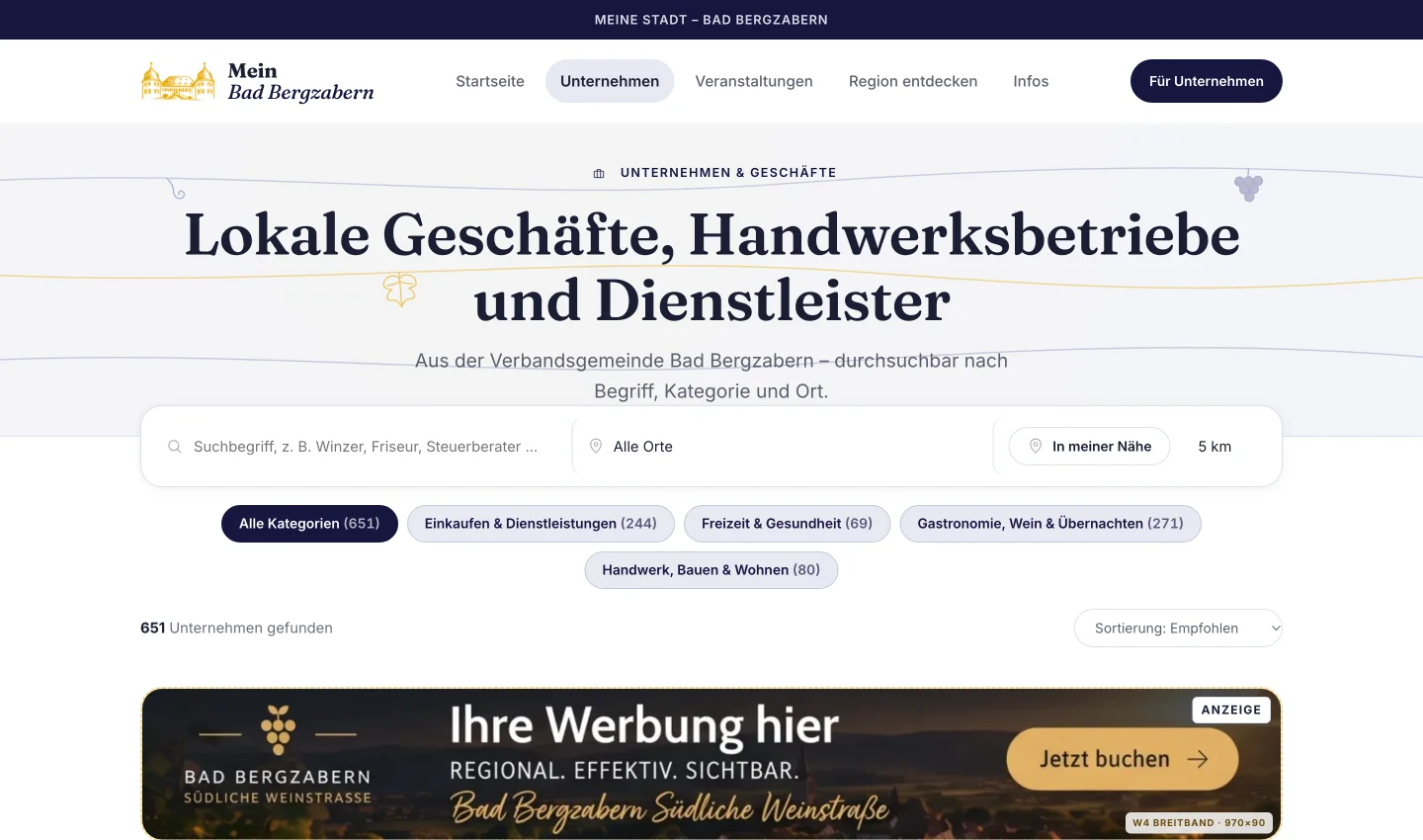 Unternehmensliste von Mein Bad Bergzabern mit Suche, Kategorien und der freien Werbefläche W4 über den Ergebnissen